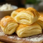 Golden flaky blitz puff pastry dough rolled out on a wooden surface, ready for folding and baking