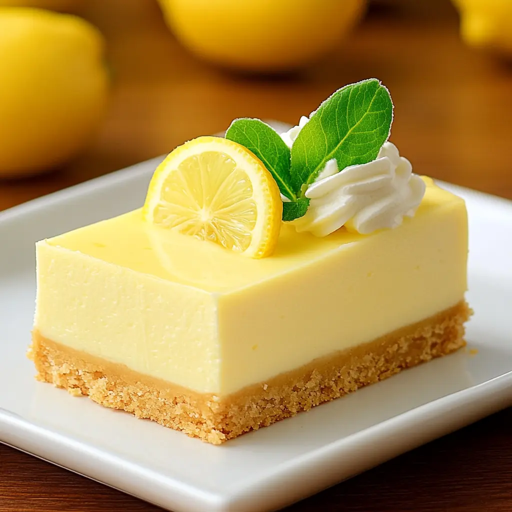 Chilled Lemon Cream Cheesecake Bars with fresh lemon zest on top, sliced and served on a white plate