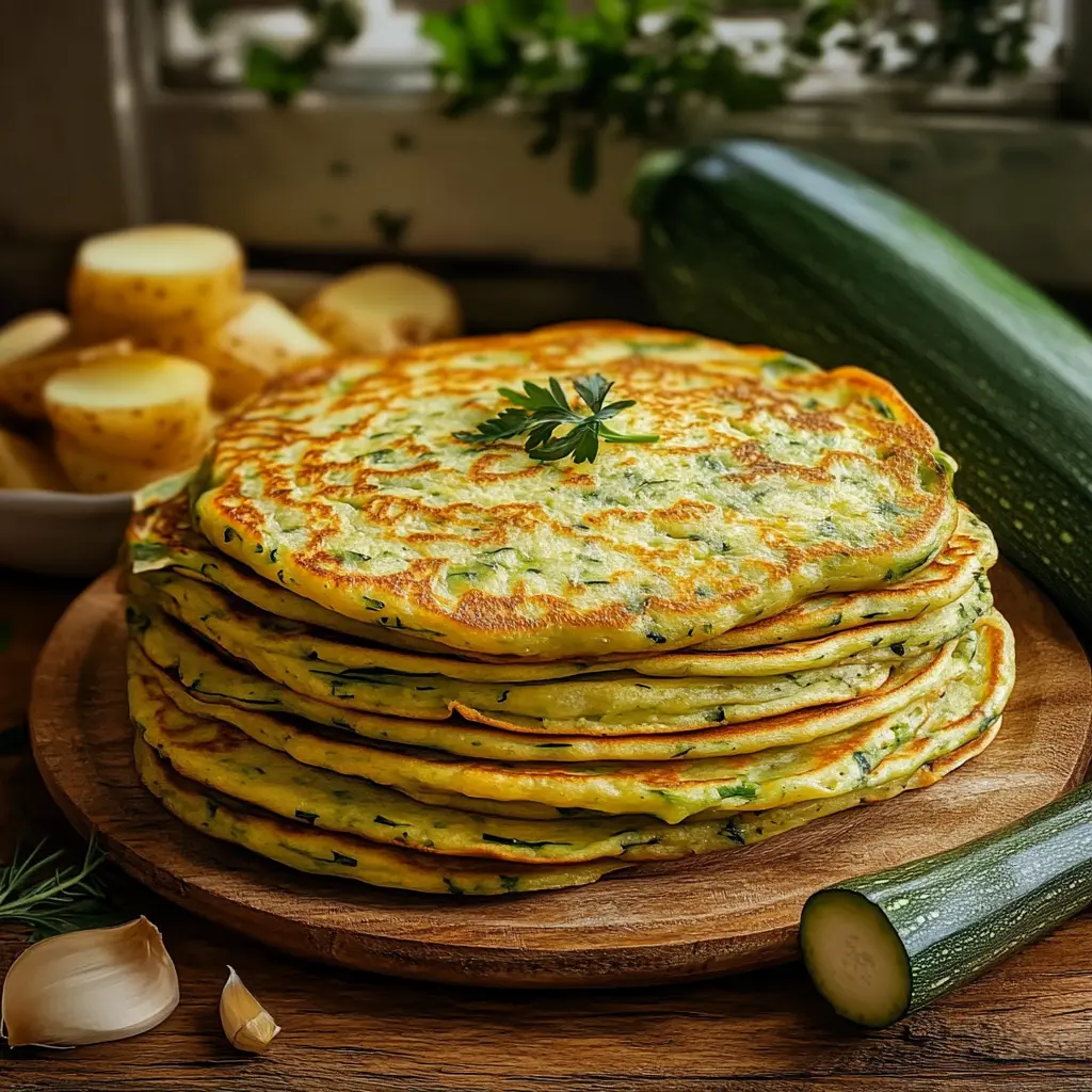Golden brown zucchini and potato pancakes stacked on a plate, crispy on the outside and tender inside, served with a side of sour cream and fresh herbs.