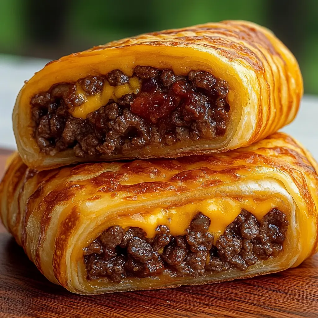 Golden-baked garlic butter beef cheeseburger rollups with melted cheese and herbs on top