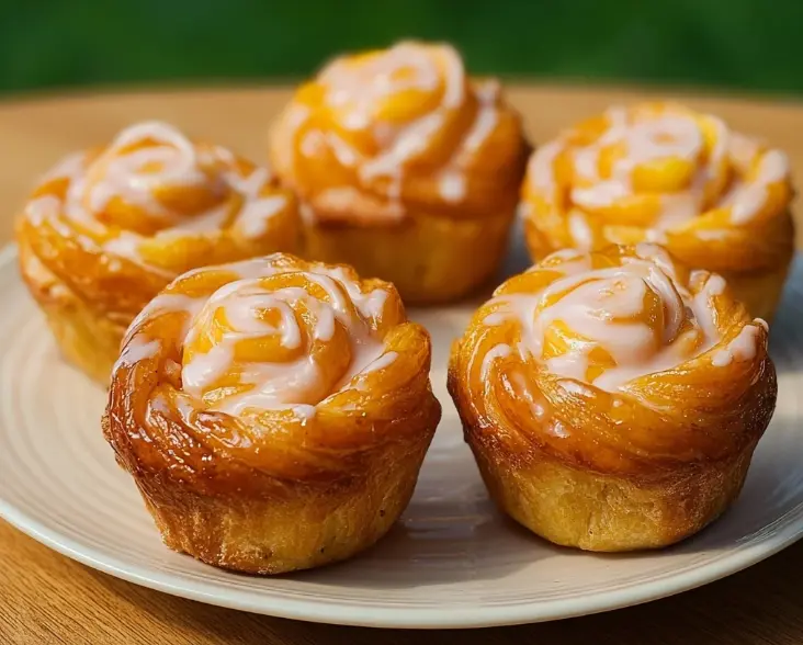 Freshly baked Peach Pie Cruffins with golden flaky layers and juicy peach filling on a cooling rack