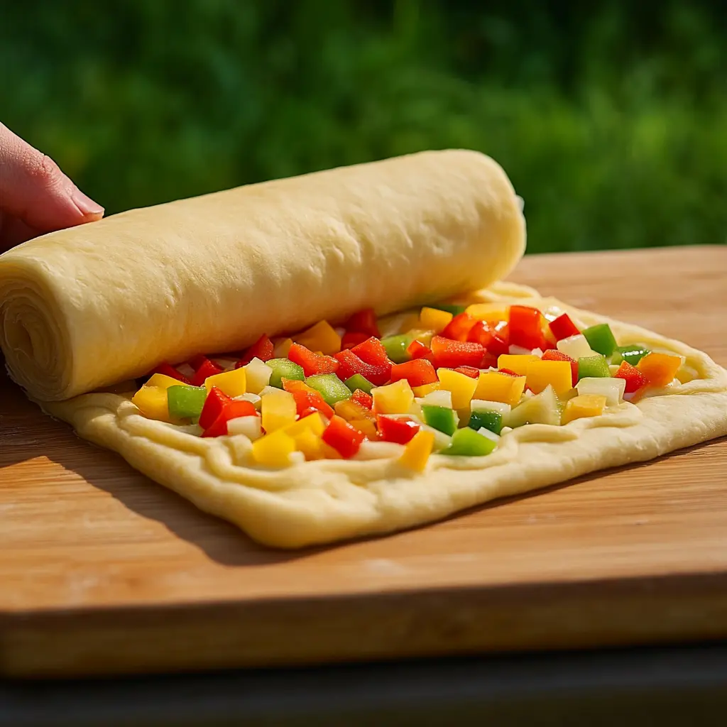 Baked quick pizza rolls made with puff pastry, topped with diced red, yellow, and green bell peppers.

