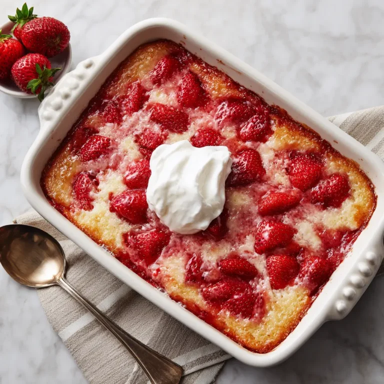 A slice of strawberry cheesecake dump cake served warm with vanilla ice cream and fresh mint.