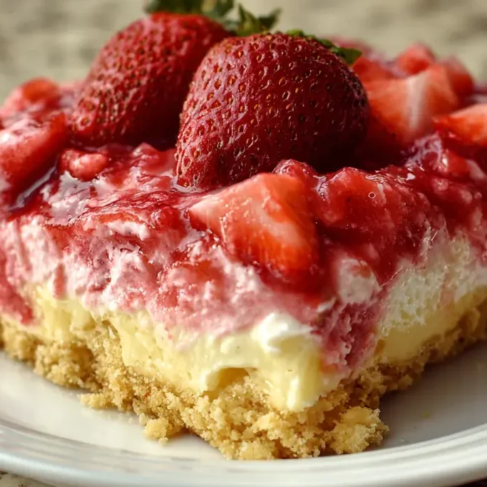 A slice of strawberry cheesecake dump cake served warm with vanilla ice cream and fresh mint.