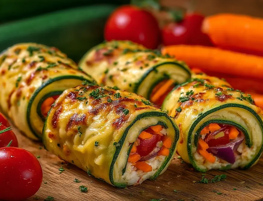 Zucchini rolls filled with creamy ricotta, topped with melted cheese, cherry tomatoes, and herbs on a wooden board