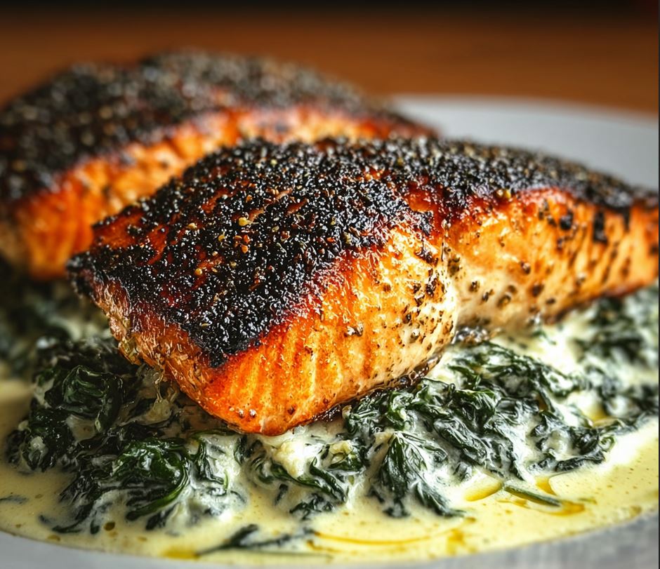 Blackened Salmon Stuffed with Creamy Spinach & Parmesan