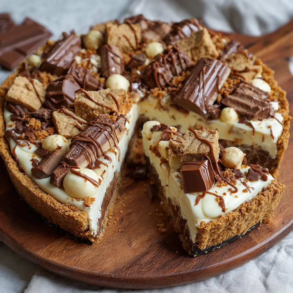 Gooey no-bake Kinder Bueno Cookie Pie with visible chocolate and hazelnut layers, topped with Kinder bar chunks