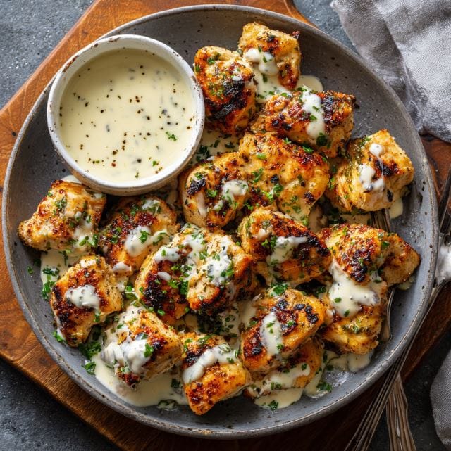 Grilled Chicken Bites with Creamy Garlic SauceA Juicy Bite of Comfort