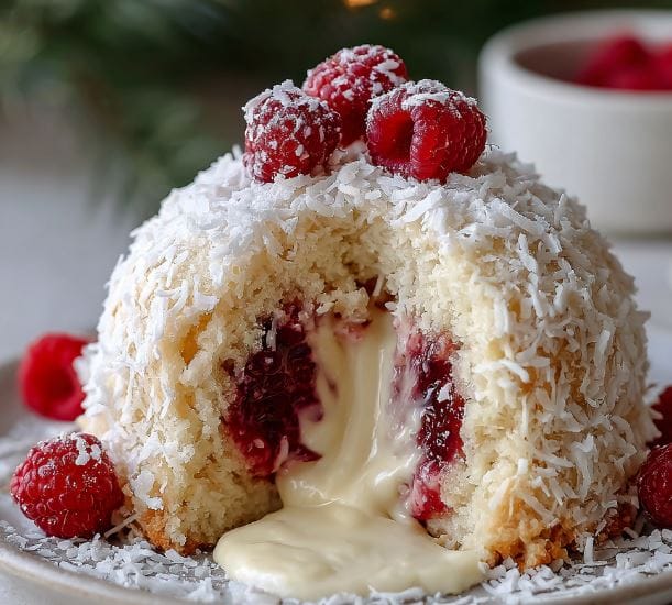 Raspberry Surprise Coconut Snowball Cake