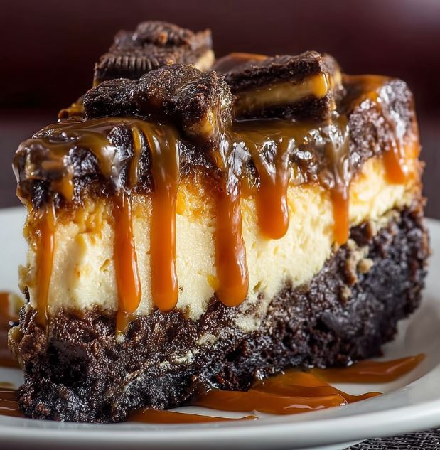Indulgent Fudgy Brownie Cheesecake with Caramel Delight
