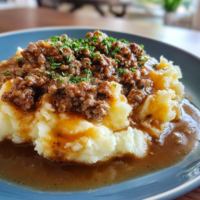 Ground Beef and Gravy Over Mashed Potatoes