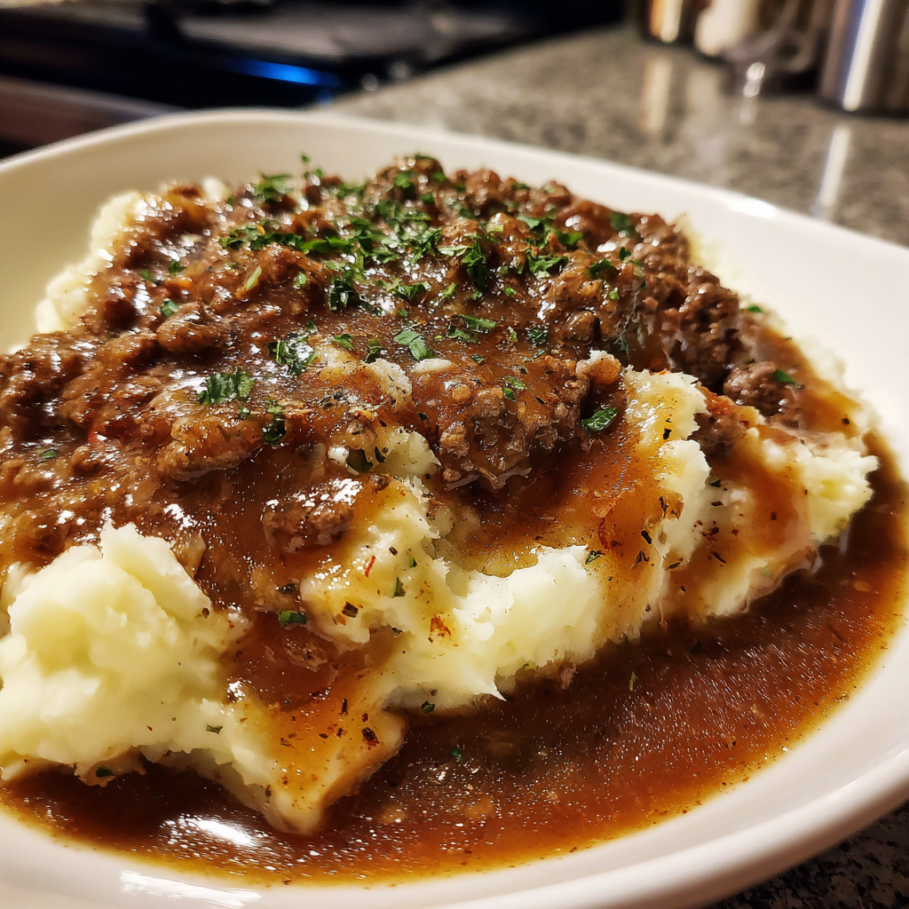 Savory Ground Beef and Creamy Gravy Over Mashed Potatoes 2 Ground Beef and Gravy Over Mashed Potatoes