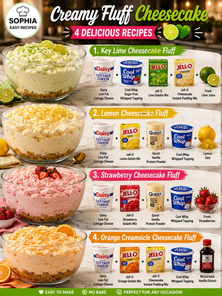 Four creamy fluff cheesecake recipes displayed together