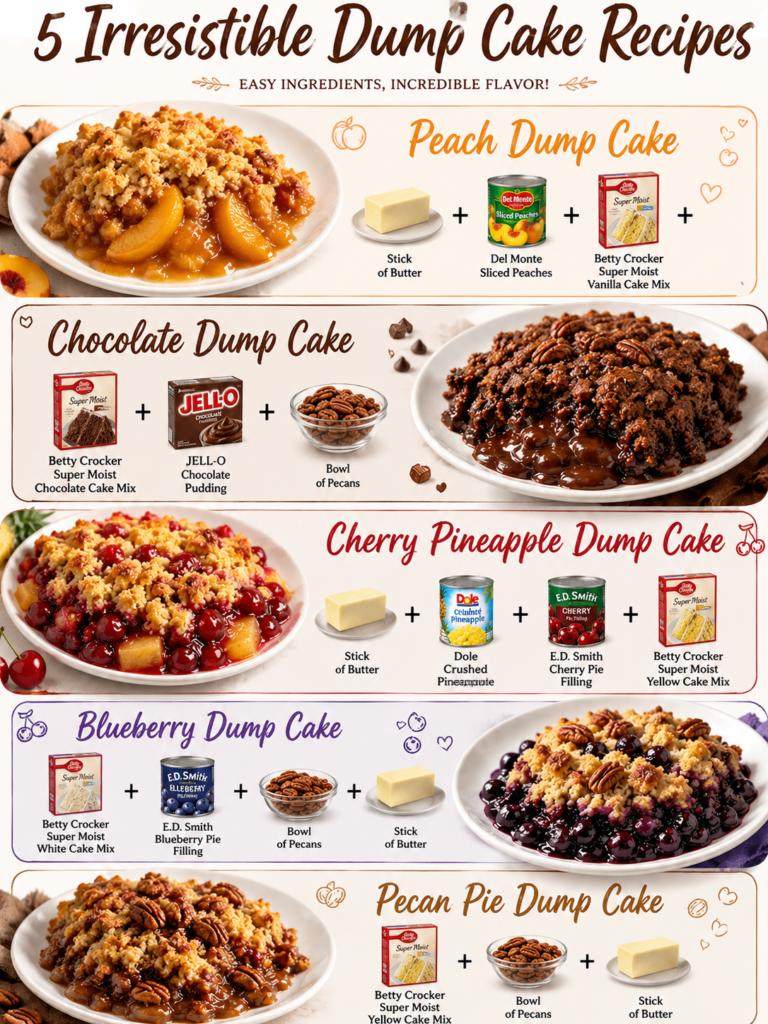Five irresistible dump cake recipes displayed together