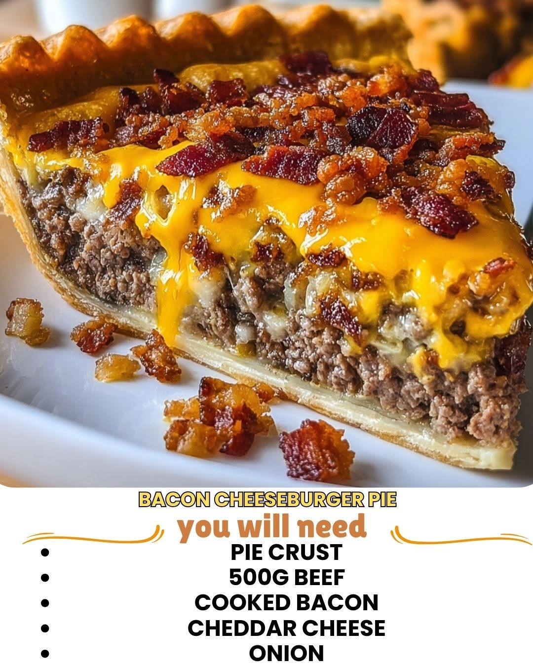 Bacon Cheeseburger Pie 1 Bacon Cheeseburger Pie with melted cheese and bacon