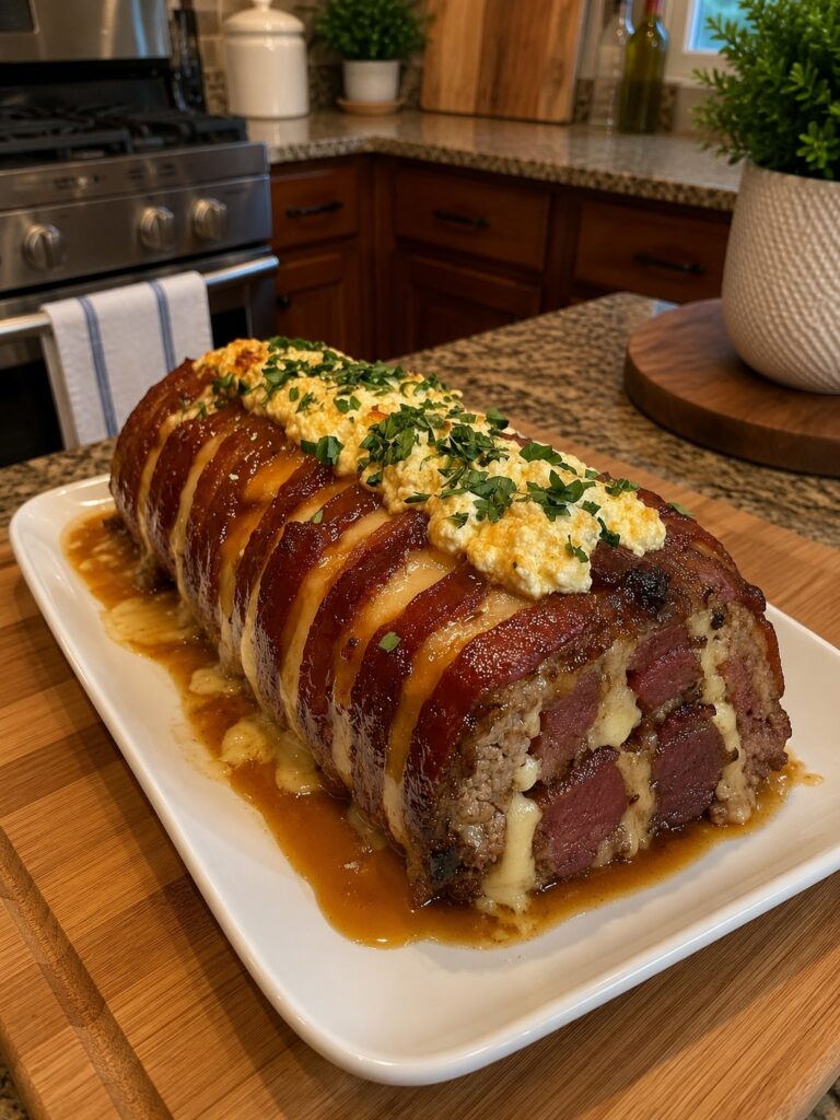 Bacon-Wrapped Prime Rib Roast with Cheese and Herb Topping
