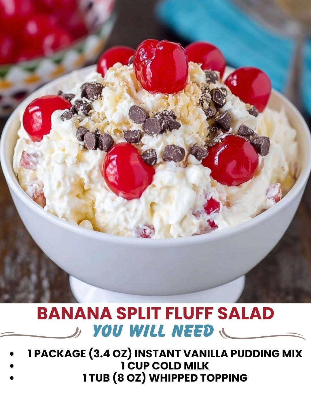 Banana Split Fluff Salad in a serving bowl