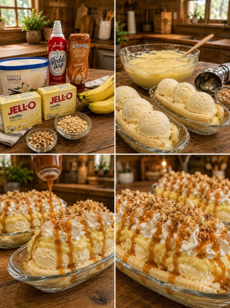 Banana Split with Caramel and Vanilla Pudding