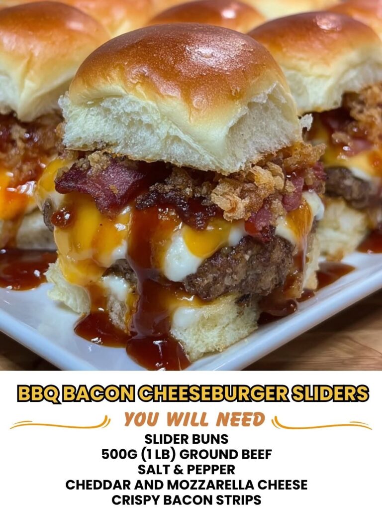 BBQ bacon cheeseburger sliders with melted cheese and BBQ sauce