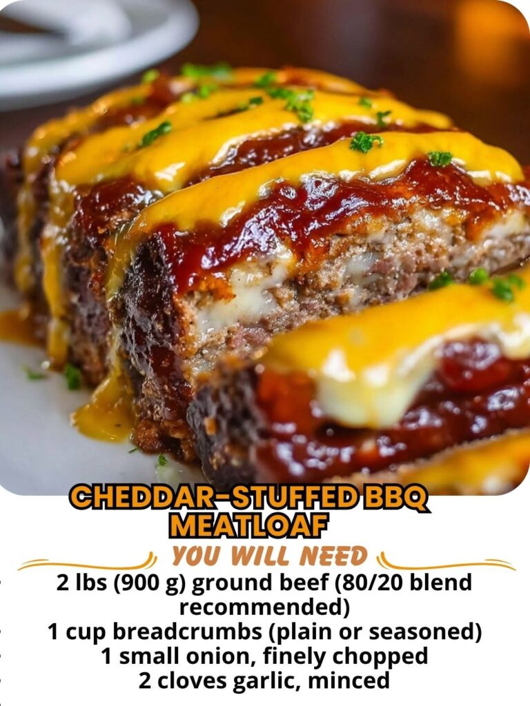 Cheddar-Stuffed BBQ Meatloaf with melted cheese and BBQ glaze