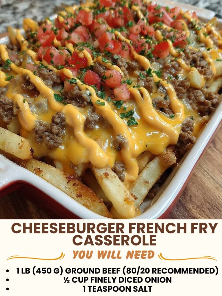 Cheeseburger French Fry Casserole with melted cheese and fries