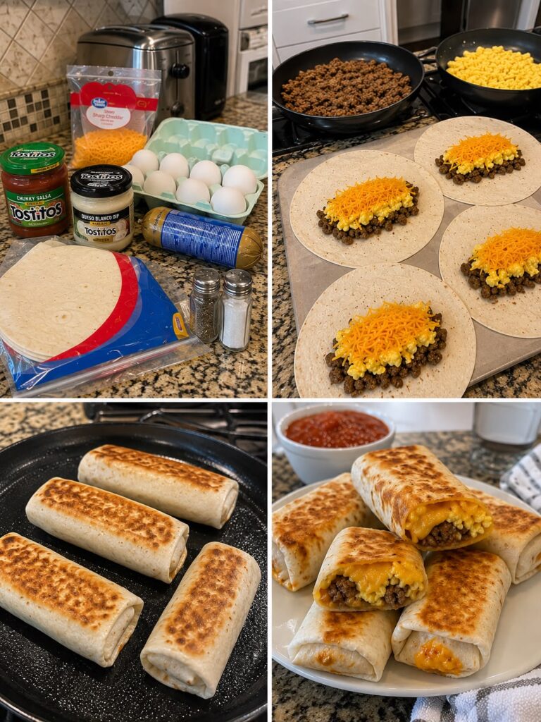 Cheesy beef and egg breakfast burritos wrapped and ready to serve