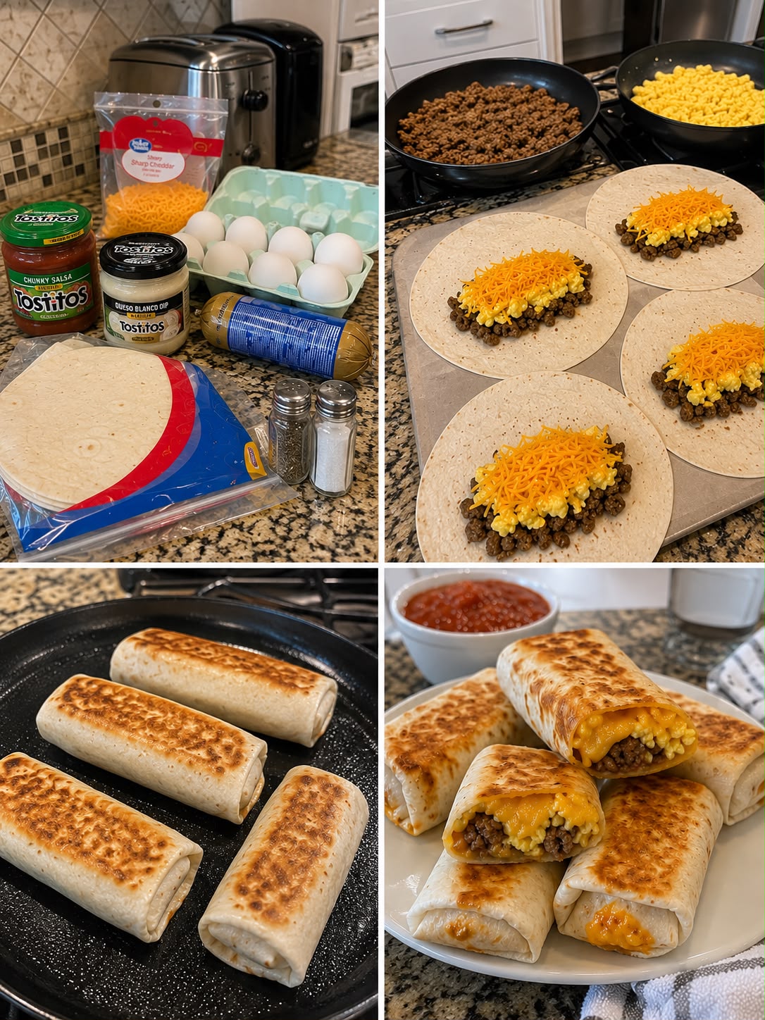 Cheesy Beef and Egg Breakfast Burritos 1 Cheesy beef and egg breakfast burritos wrapped and ready to serve