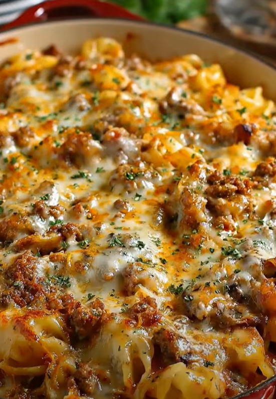 Cheesy Beef Pasta Bake with melted cheese and ground beef