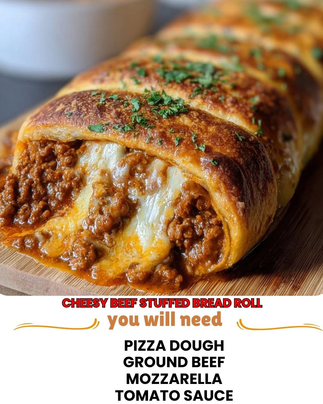 Cheesy Beef Stuffed Bread Roll 1 Cheesy Beef Stuffed Bread Roll sliced to show melted cheese and beef filling