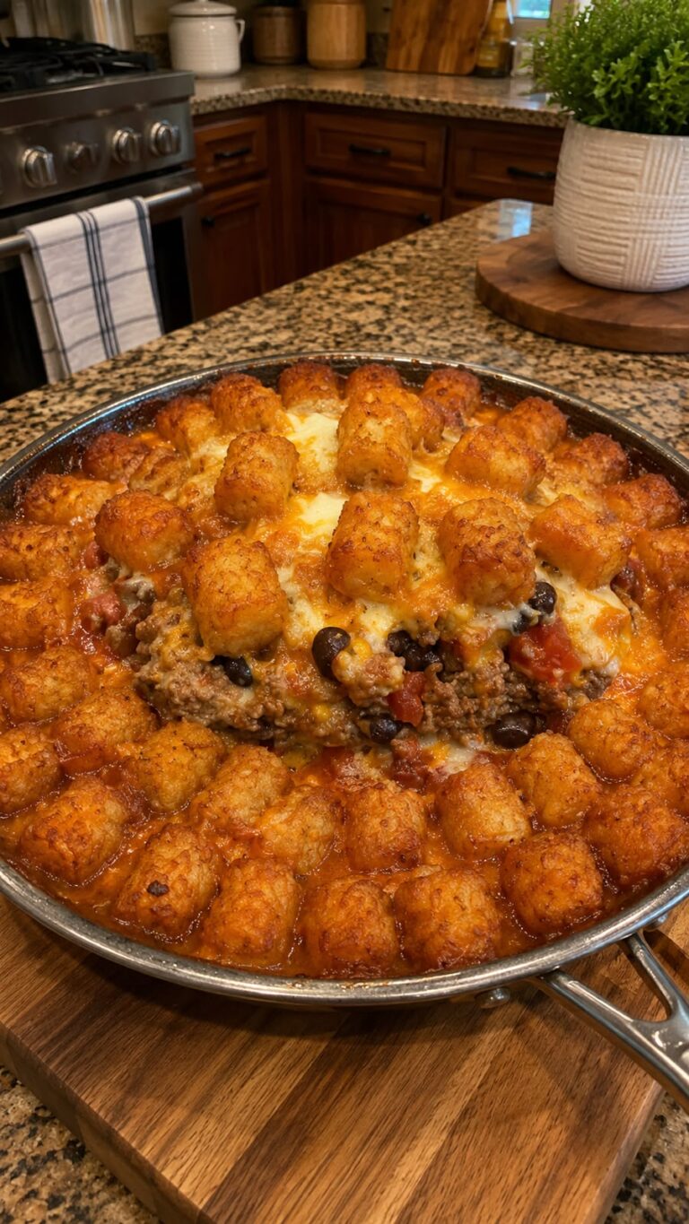 Cheesy Beef Taco Tater Tot Skillet