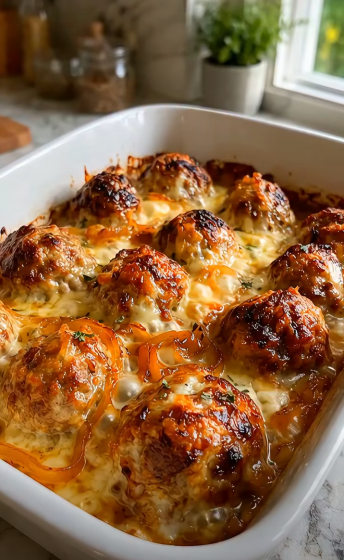 Cheesy French Onion Meatball Bake
