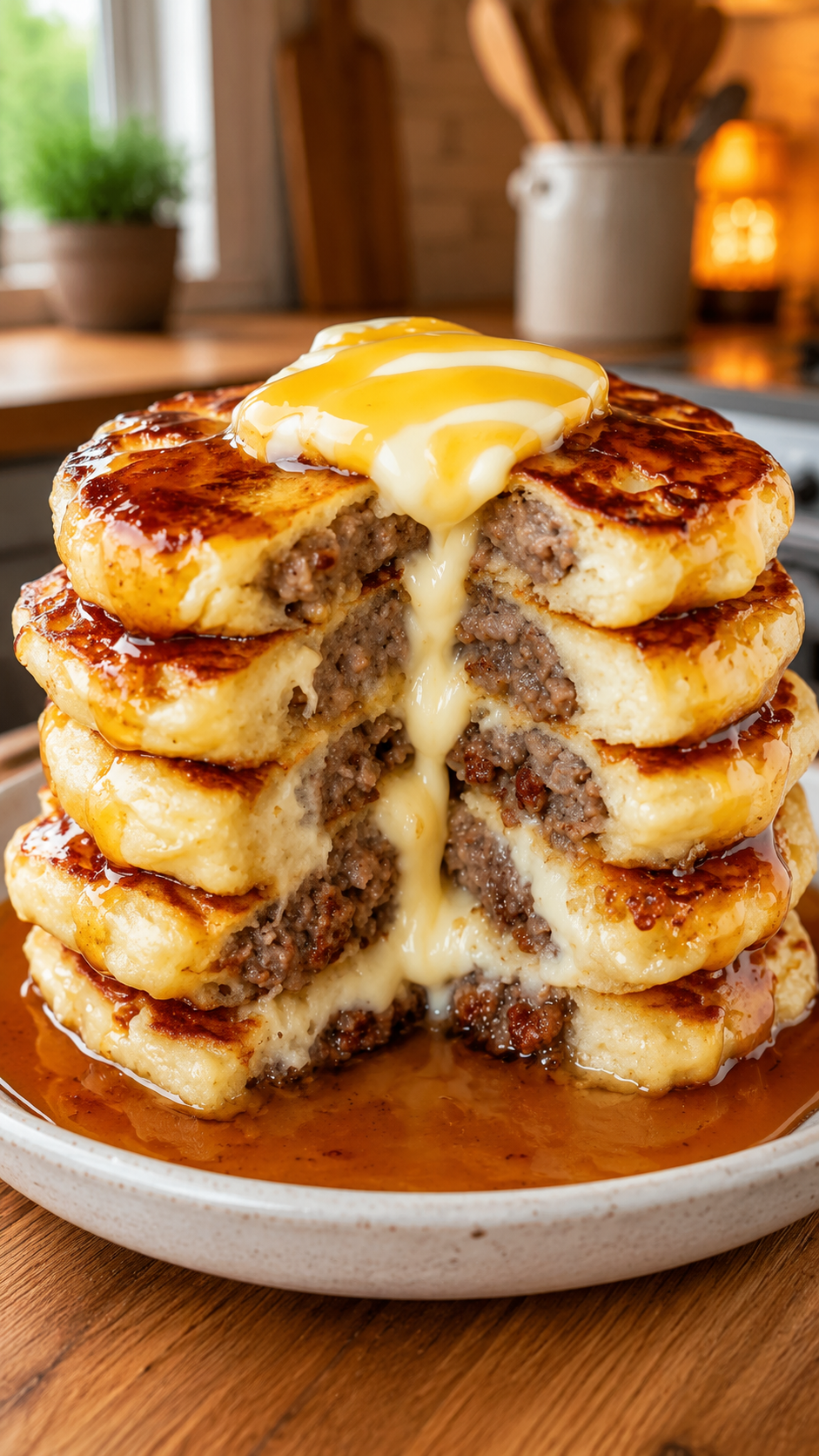 Cheesy Sausage-Stuffed Pancakes with Butter and Syrup