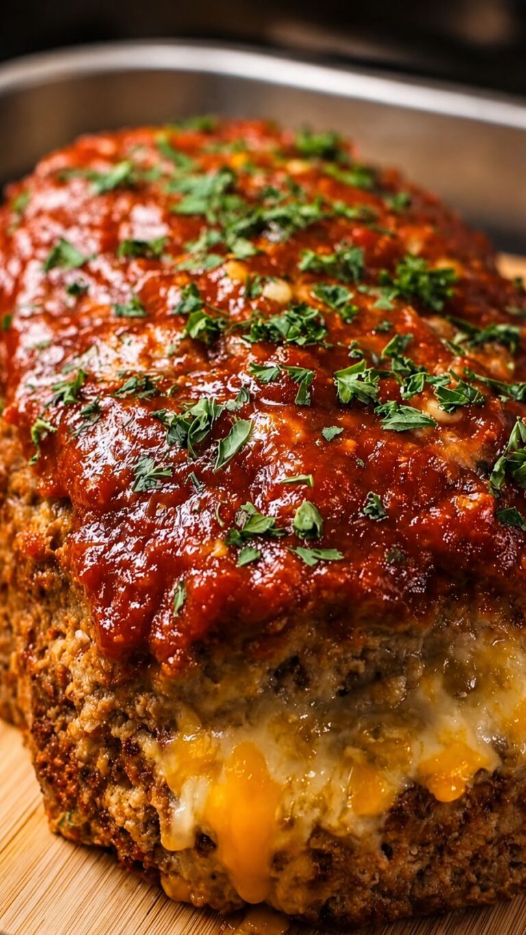 Cheesy Stuffed Meatloaf with Tomato Glaze