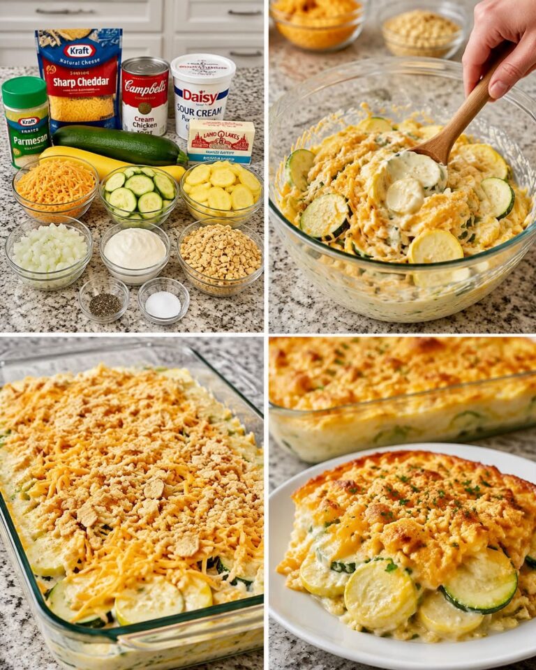 Cheesy Zucchini and Yellow Squash Casserole in a baking dish