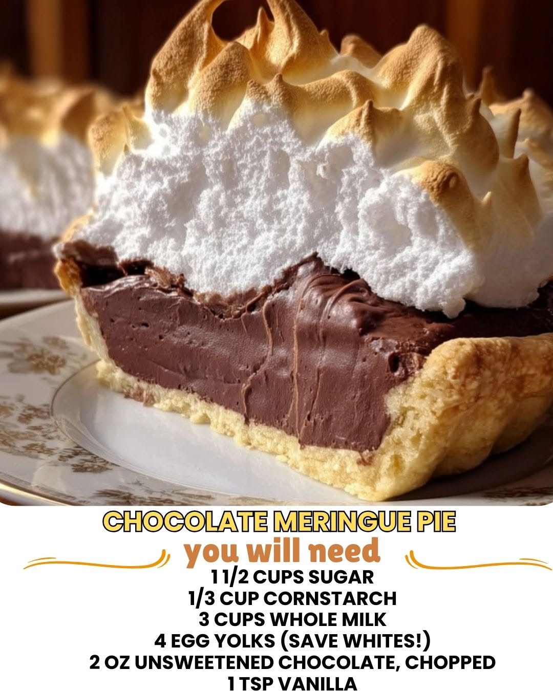 Chocolate meringue pie with fluffy meringue topping