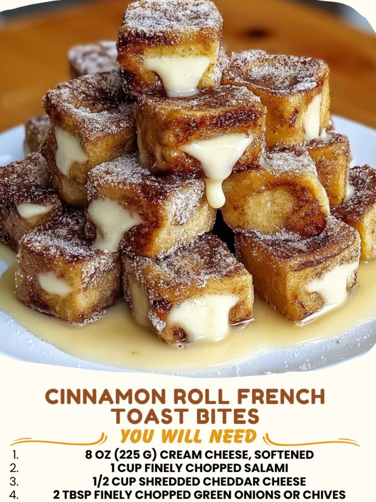 Cinnamon Roll French Toast Bites stacked on a plate