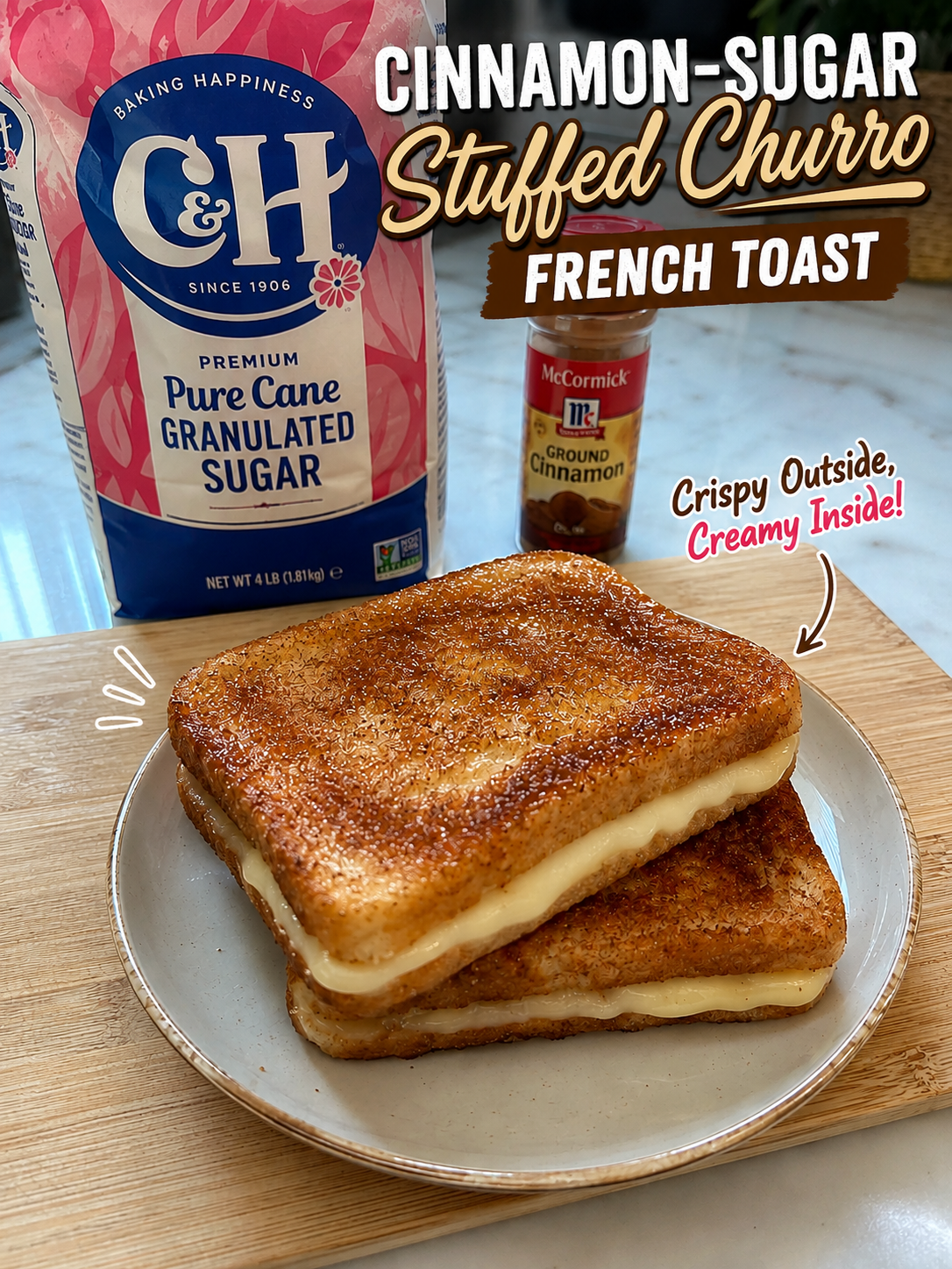 Cinnamon-sugar stuffed churro French toast on a plate