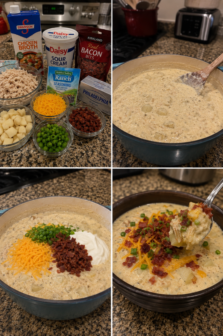 Bowl of creamy chicken potato soup with bacon and cheese