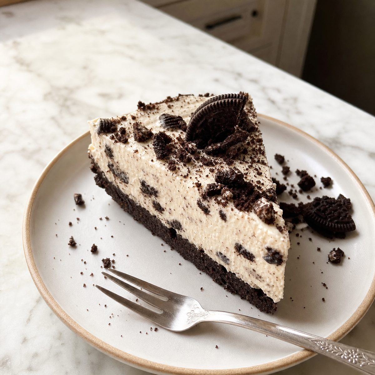 Slice Of Creamy Cookies Cheesecake: No-Bake Dessert Ready in 15 Minutes 1 Slice Of Creamy Cookies Cheesecake: No-Bake Dessert Ready in 15 Minutes
