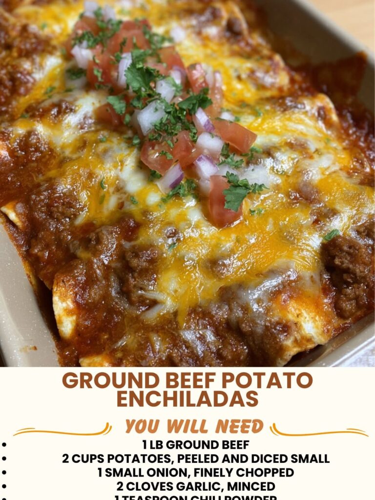 Ground beef potato enchiladas topped with sauce and cheese