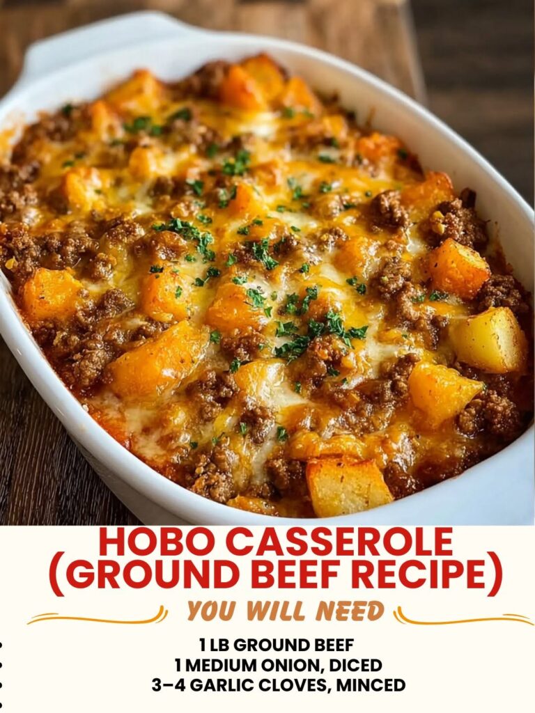 Hobo casserole with ground beef in baking dish