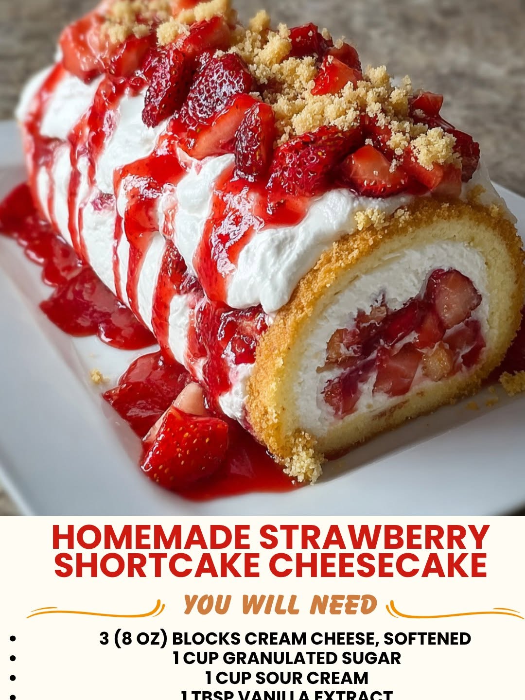 Homemade Strawberry Shortcake Cheesecake 1 Homemade strawberry shortcake cheesecake with fresh strawberries on top