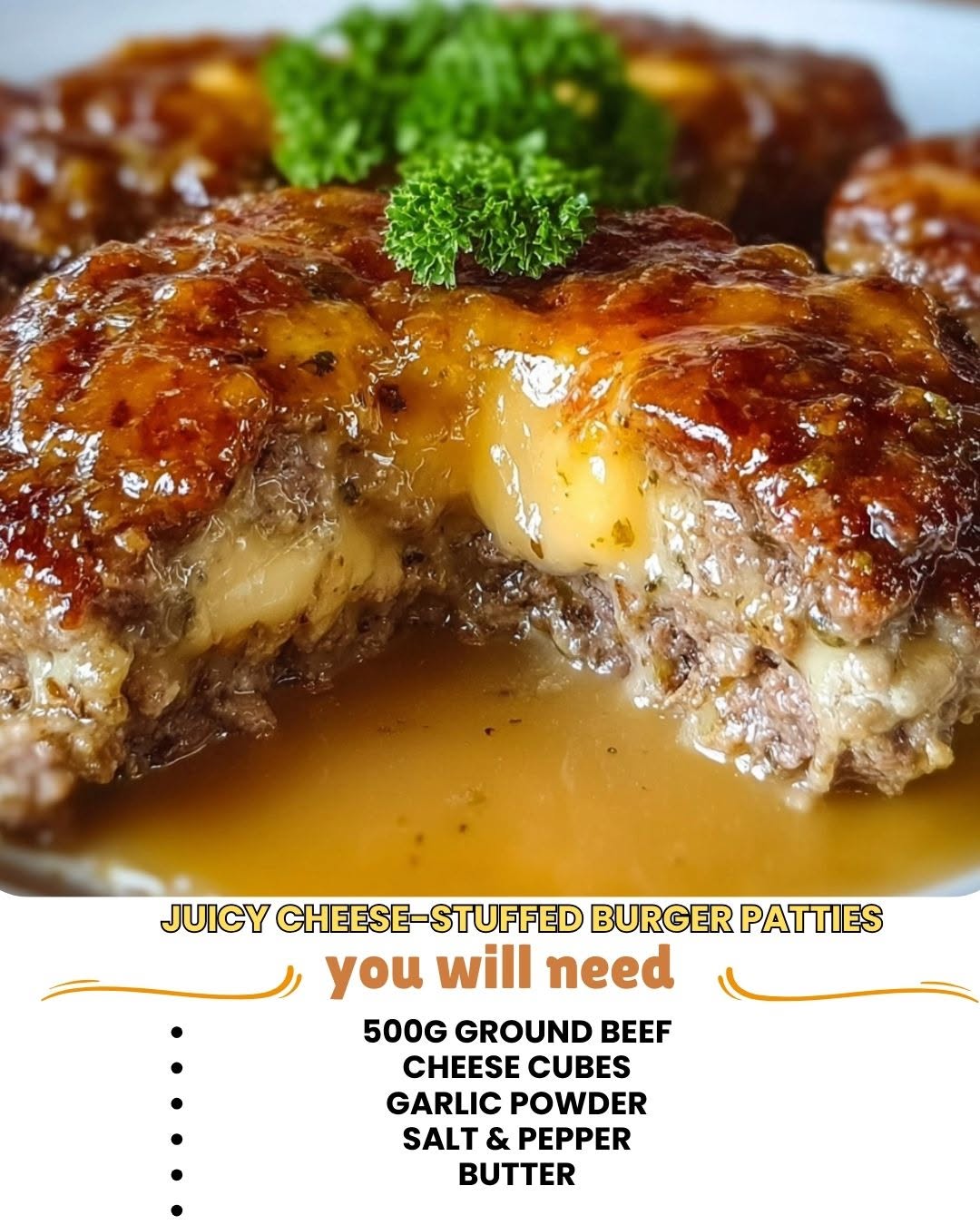 Juicy Cheese-Stuffed Burger Patties 1 Juicy cheese-stuffed burger patties on a plate