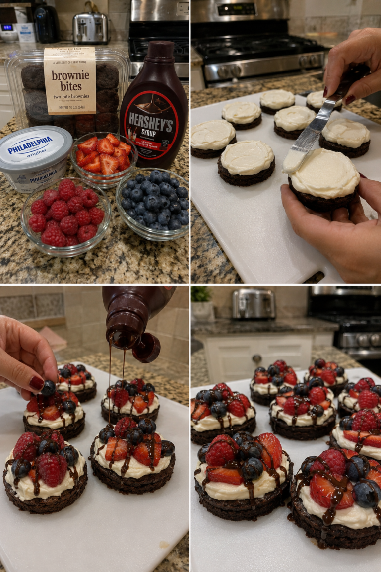 Mini Brownie Fruit Tarts with Cream Cheese Frosting and Chocolate Syrup