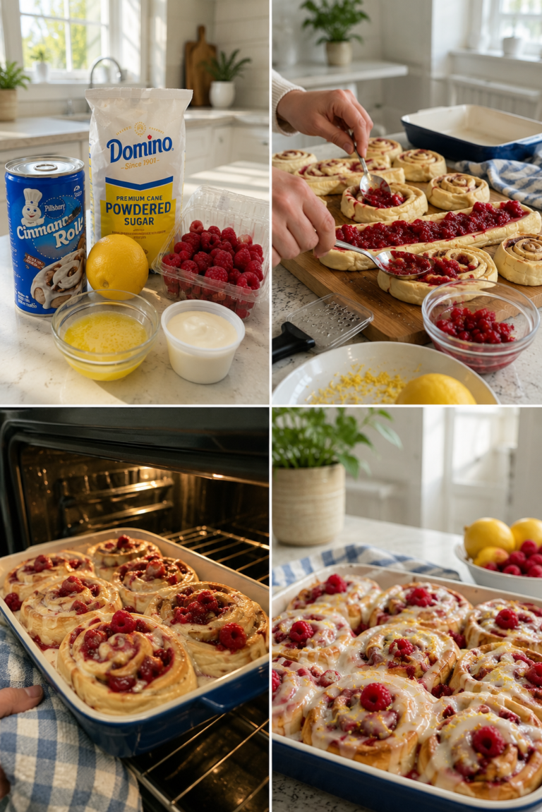 Raspberry cinnamon rolls with lemon glaze on a plate