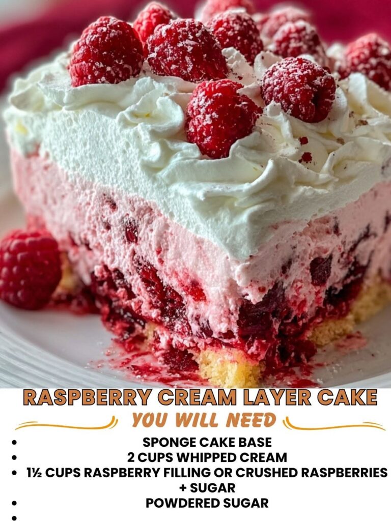 Raspberry Cream Layer Cake with cream frosting and fresh raspberries