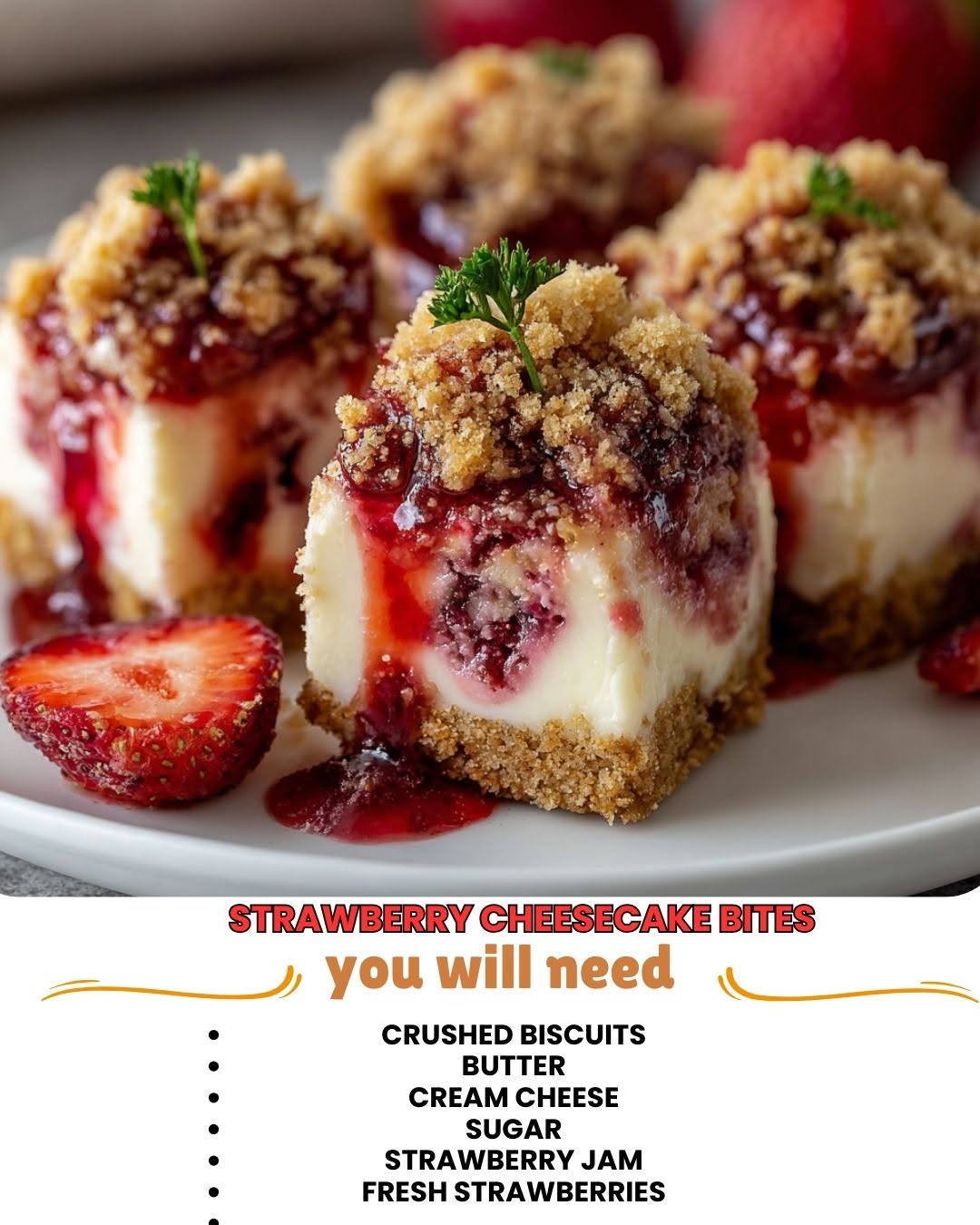 Strawberry Cheesecake Bites 1 Strawberry Cheesecake Bites stacked together showing creamy filling and strawberry topping