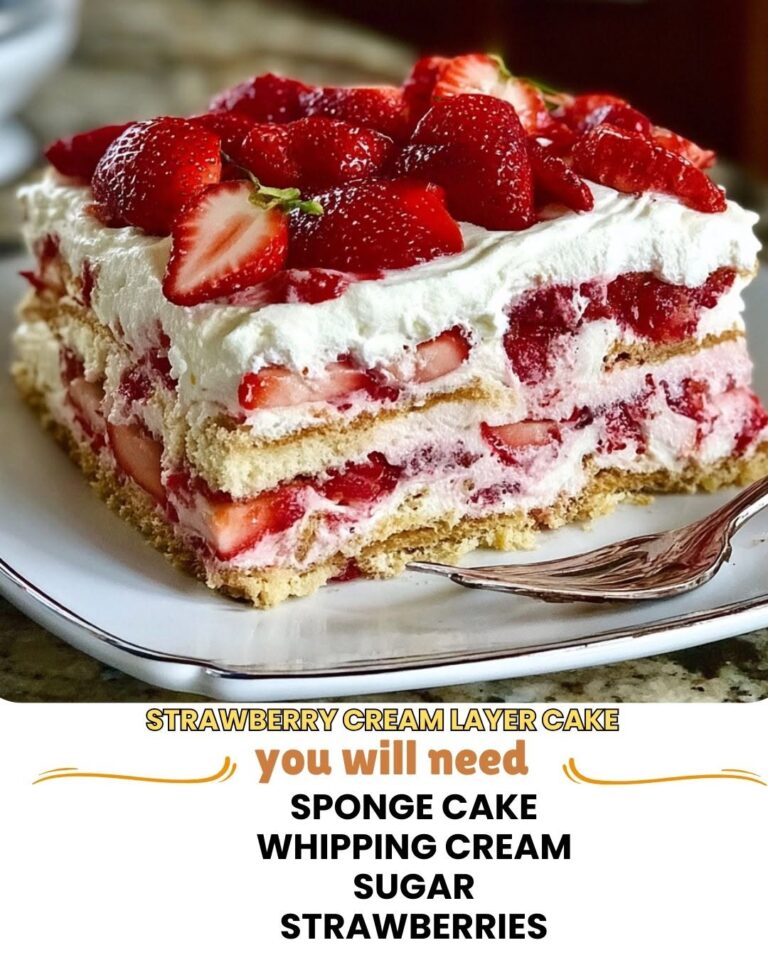 Strawberry cream layer cake with fresh strawberries and cream frosting