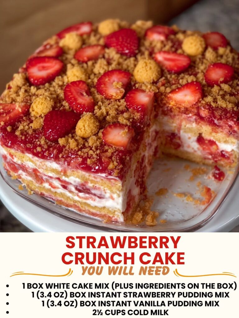 Strawberry crunch cake with fresh strawberries and crispy topping