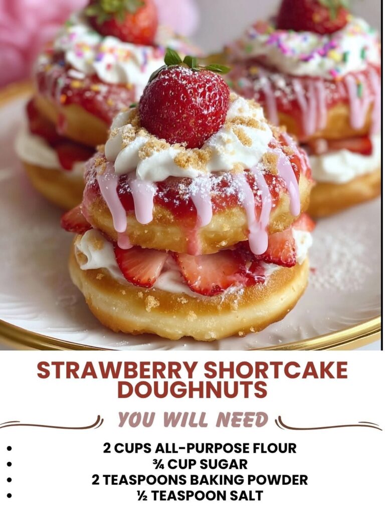 Strawberry Shortcake Doughnuts with fresh strawberries and whipped cream topping